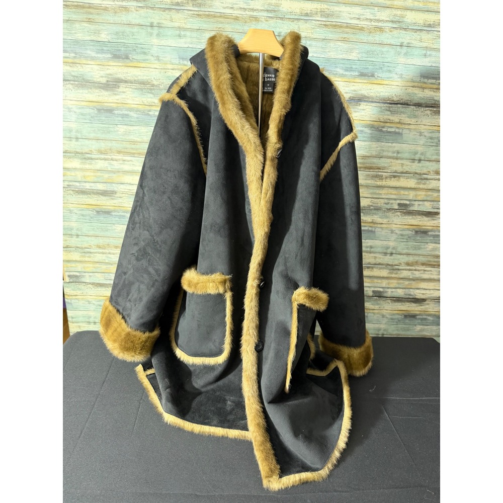 Dennis Basso Faux Shearling Hooded Coat 1X Black Brown Excellent Faux Suede Fur